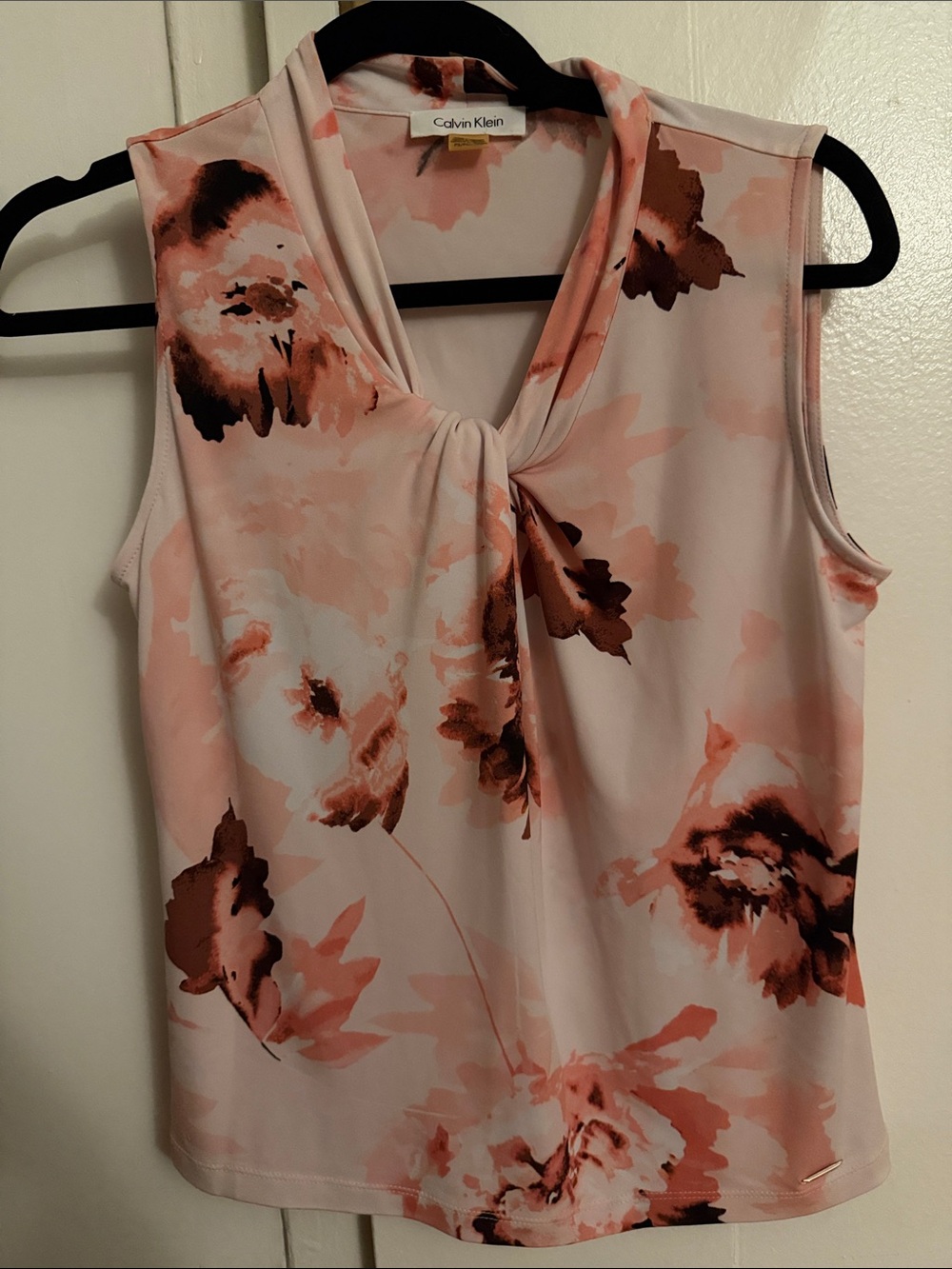 Calvin Klein Blush Pink & Brown Floral Tie-Neck Sleeveless Top